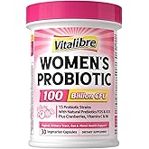 Vitalibre Probiotics for Women 100 Billion CFU 15 Strains, Daily Probiotic & Prebiotic Supplement with Organic Cranberry to Support Vaginal, Digestive, Immune Health, Shelf Stable, 30 Vegan Capsules