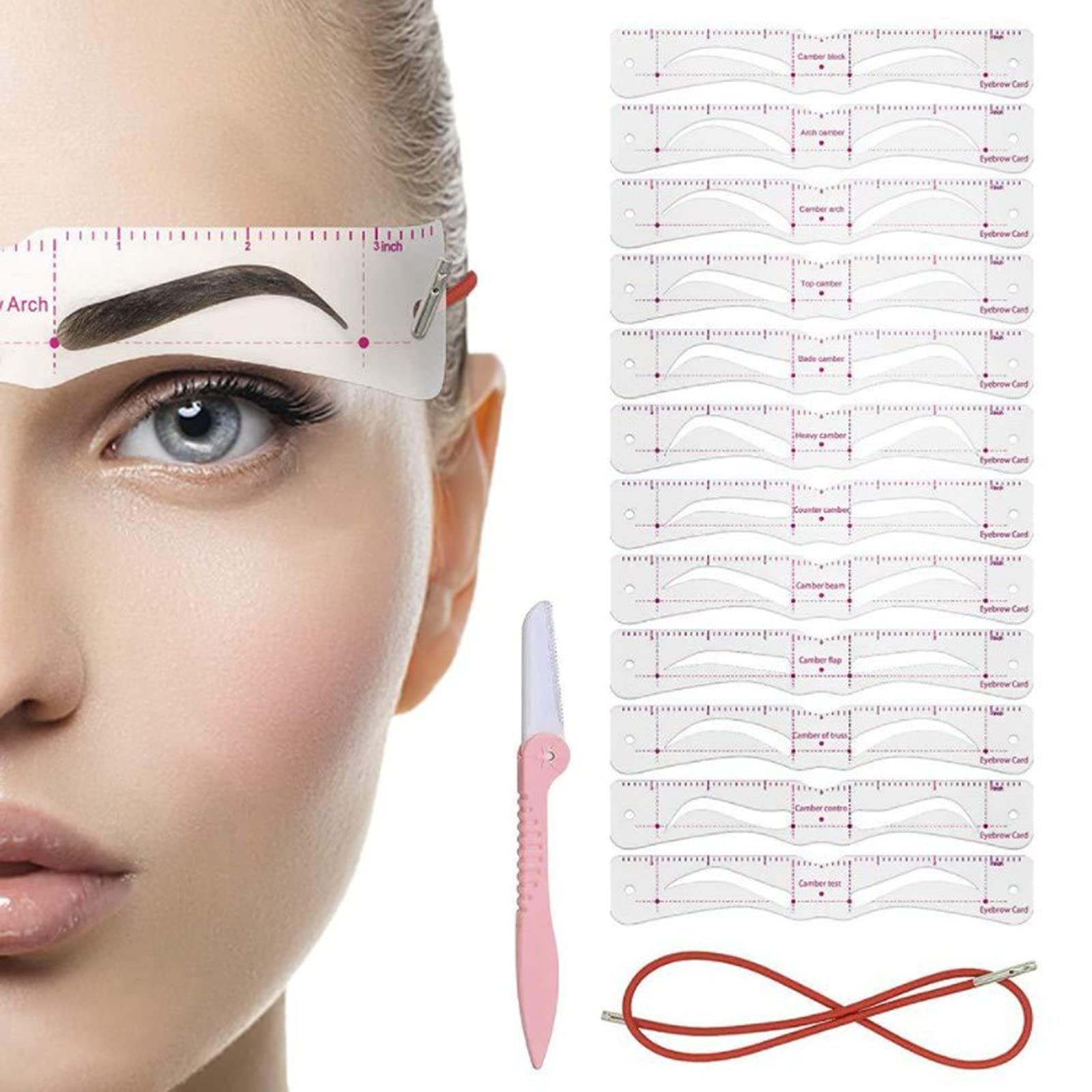 Eyebrow Stencil Shaper Kit, 12 Pieces Reusable Shapers Template Stencils with 1 Straps and 1 Razor Trimmer, DIY Stamp Kit for Grooming and Drawing Brows for 3 Minutes Makeup