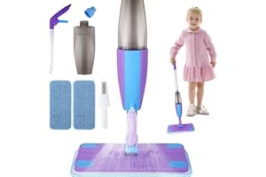 ELOSLOS Kids Spray Mop, Real Working Toddler Cleaning Set with Water Sprayer & 2 Washable Mop Pads & Scraper, Pretend Play Montessori Housekeeping Toys Gifts for Toddlers Kids Girls Boys (Blue&Purple)