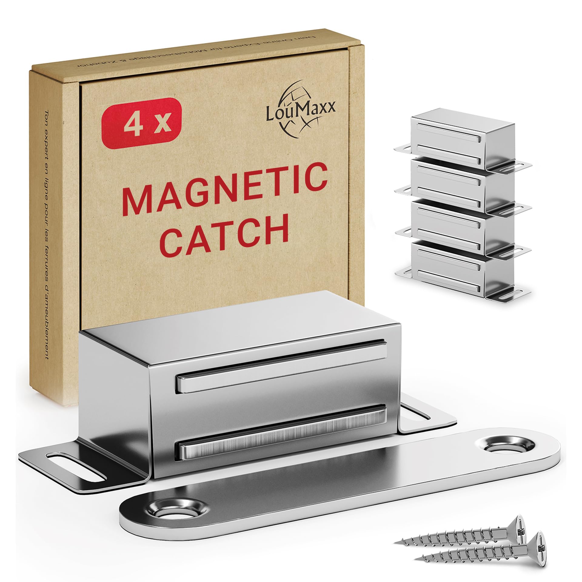 LouMaxx Magnetic Door Catch Strong – Holding Force 6kg – Set of 4 in Stainless Steel – Cabinet Magnets - Door Magnet - Door Magnetic Catch - Magnetic Cabinet Latch - Magnetic Door Latch