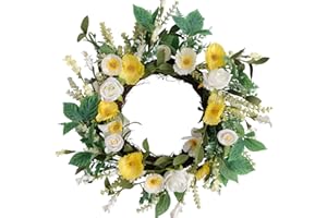 FLORIBUS Spring Wreaths for Front Door Silk Yellow Flower Wreath with Roses Poppies Lavender 18" Artificial Door Wreath for Front Door Outside for Spring Summer Indoor Outdoor Farmhouse Front Porch Deco