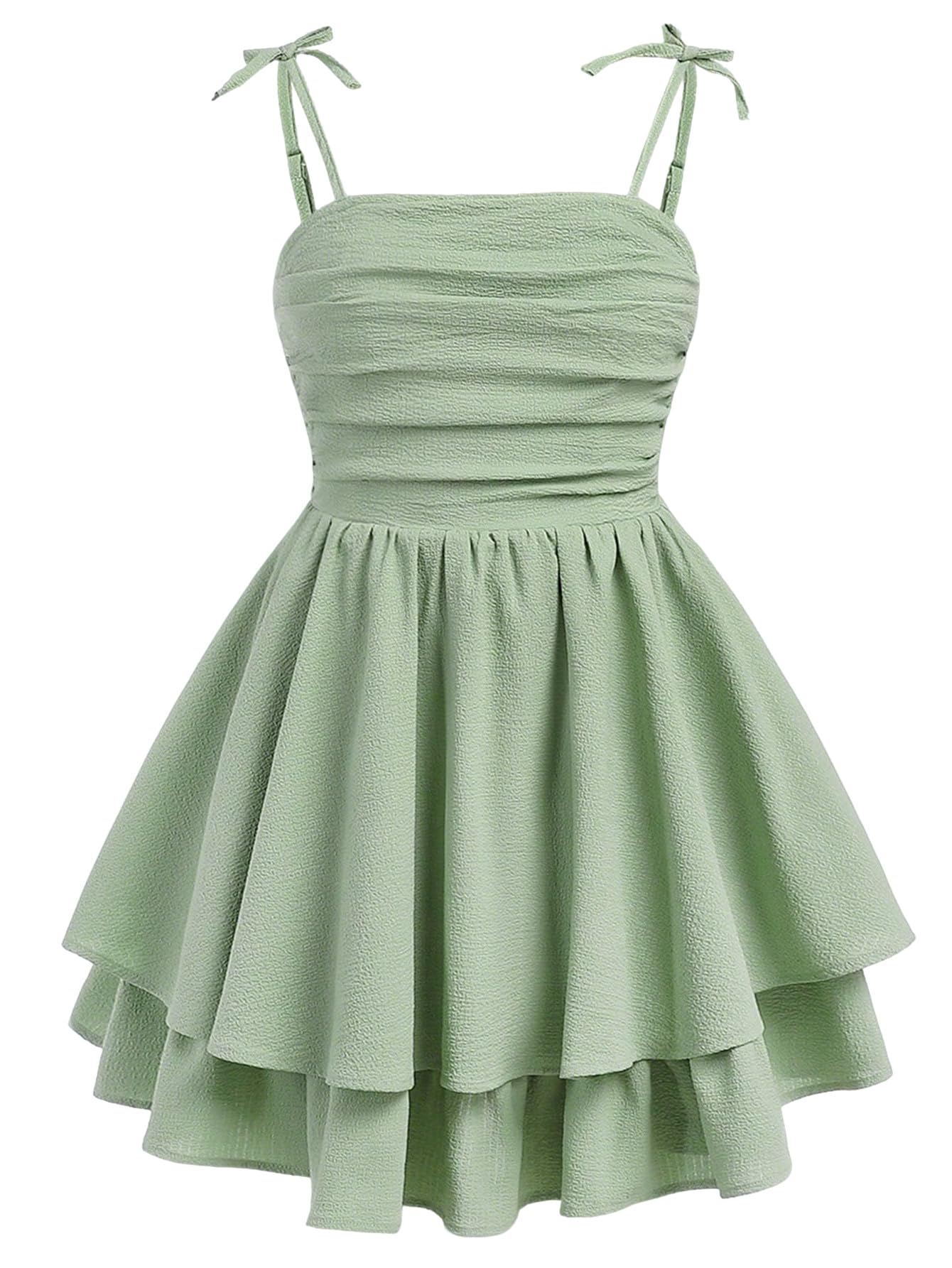Photo 1 of SHENHE Girl's Summer Smocked Ruched A Line Layered Ruffle Flowy Tie Bow Cute Cami Dress Green 11Y