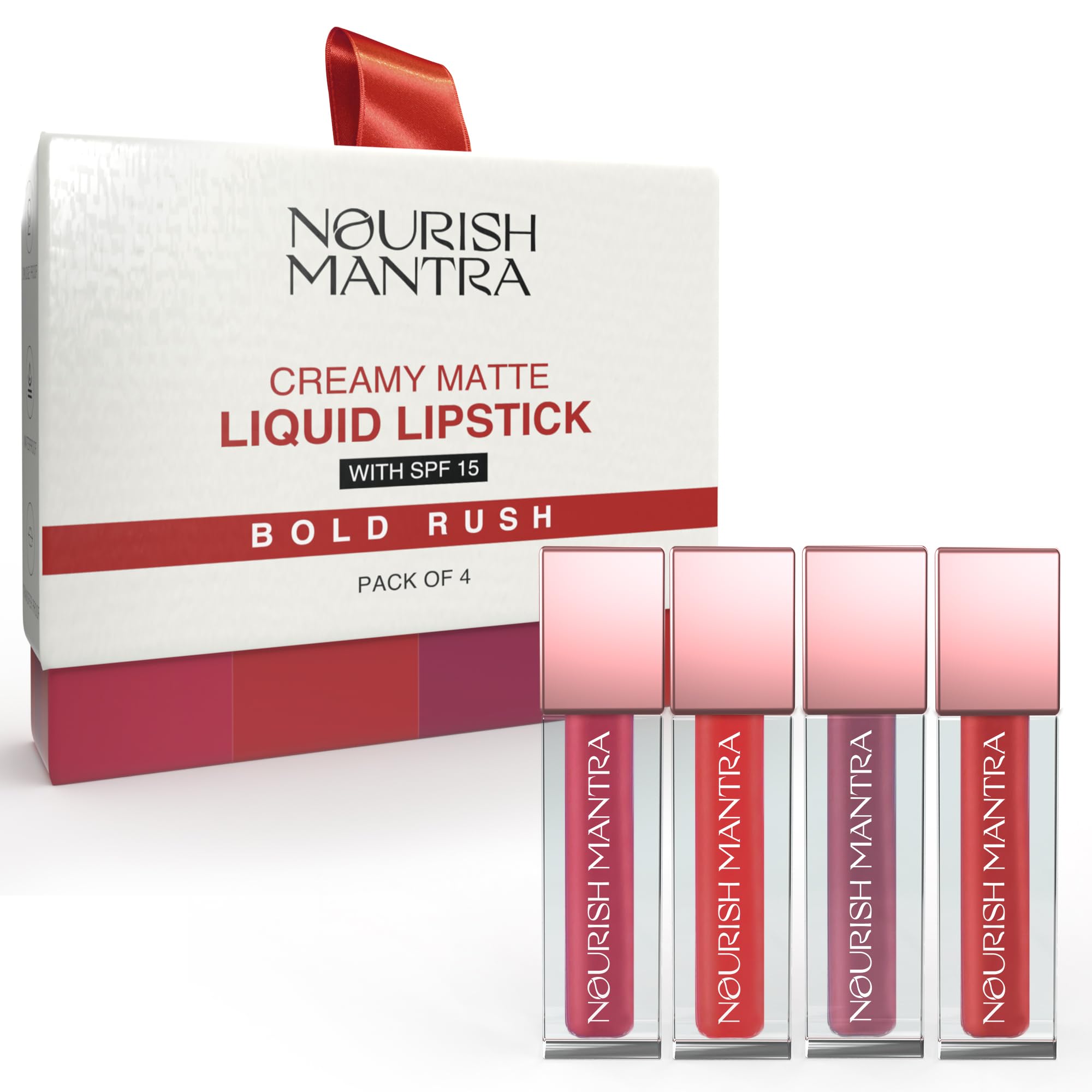 NOURISH MANTRA Bold Rush Matte Liquid Lipstick with SPF/Mini Lipstick/Water Proof/Smudge Proof/Transfer Proof/Long Lasting/For All Skin Tones/Set of - 4 (1.2ml Each