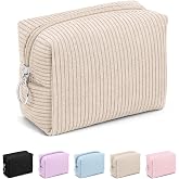 MAGEFY Corduroy Makeup Bag - Small Travel Cosmetic Pouch for Women, Portable Mini Zipper Purse with Everyday Essentials for Office, or Trip (Beige)