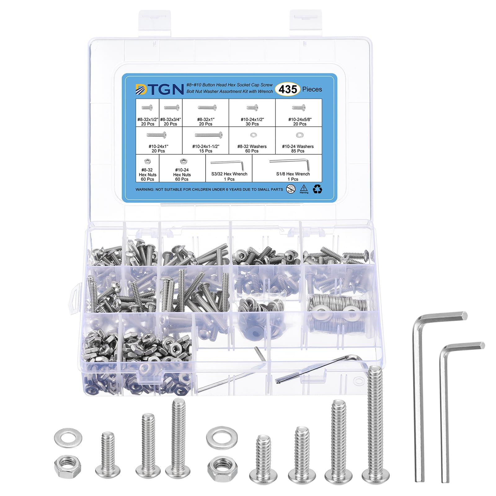 DTGN 435Pcs #8#10 Button Head Socket Cap Screws - 304 Stainless Steel UNC Thread Bolt Nut Set Washer Assortment Kit & Wrench - Good for Machine, Furniture