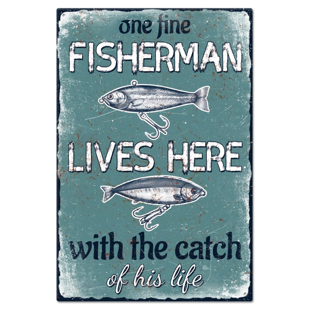 GLOBLELAND Vintage Fisherman Lives Here Metal Tin Sign 8×12inch Retro Fishing Funny Tin Room Door Sign Tin Painting Art Plaque Poster Wall Decor for Home Club Decoration
