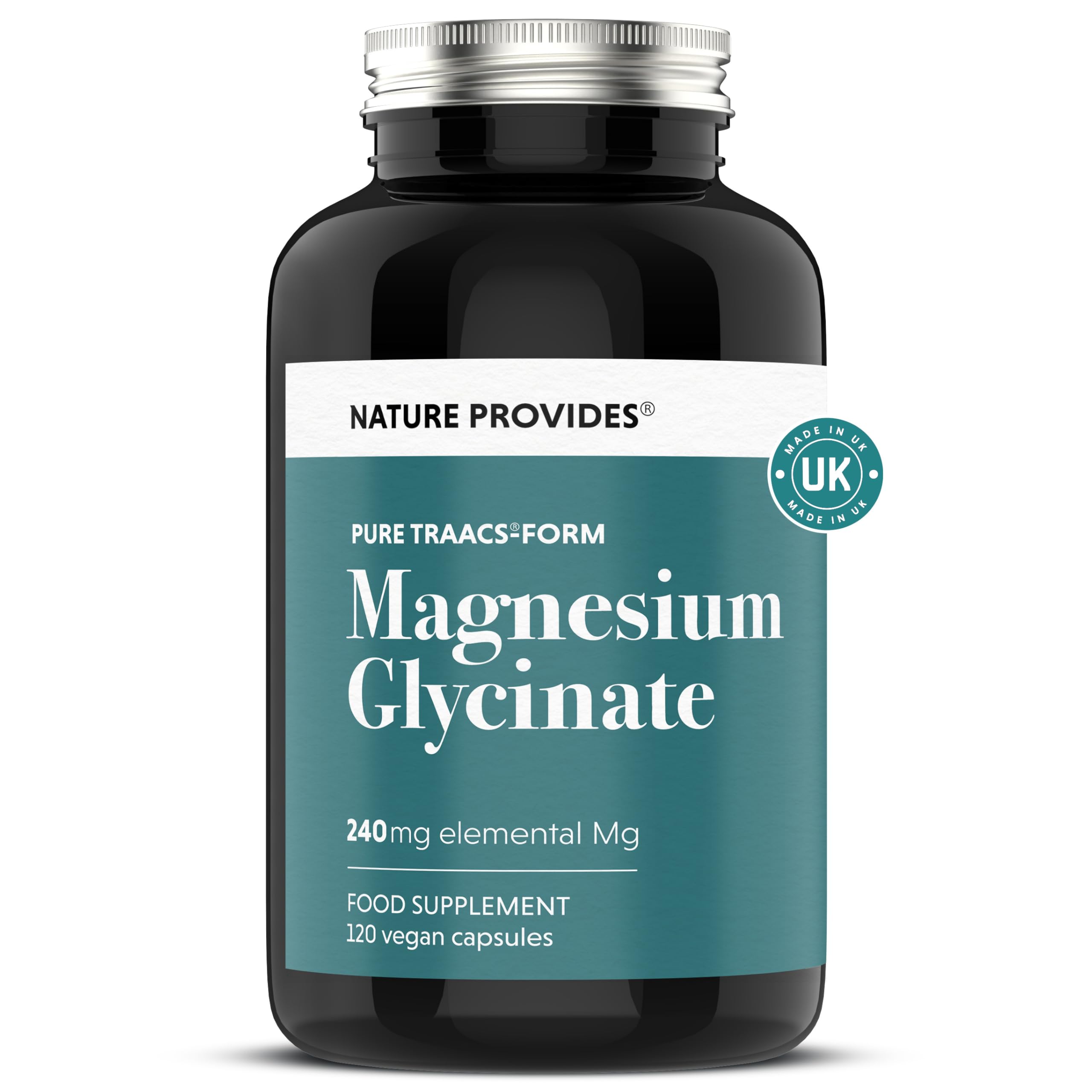 Magnesium Glycinate TRAACS (Bisglycinate) 240mg - 120 Vegan Capsules, 100% Pure, No Fillers/Buffers, Chelated, Highly Bioavailable, Muscle & Sleep Support, Stress Relief, UK Made by Nature Provides