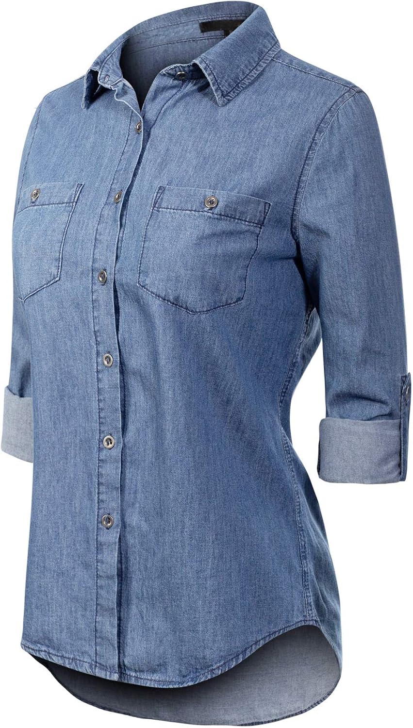 Design by Olivia Women's Basic Classic Roll up Sleeve Button Down Chambray Denim Shirt: Clothing