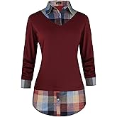 Oyamiki Women's Casual Collared Curved Hem 2 in 1 Pullover Tops Plaid Contrast Shirt Blouse