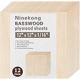 12 Pack Basswood Sheets 1/16 inch,12"x12"x1/16 Plywood Sheets,1.5mm Basswood for Laser Cutting,Laser Engraving Blanks,Thin Natural Unfinished Wood for Crafts,Wood Burning,Scroll Saw Cutting