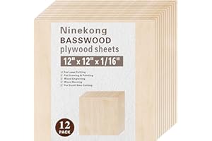 NINEKONG 12 Pack Basswood Sheets 1/16 inch,12"x12"x1/16 Plywood Sheets,1.5mm Basswood for Laser Cutting,Laser Engraving Blanks,Thin Natural Unfinished Wood for Crafts,Wood Burning,Scroll Saw Cutting