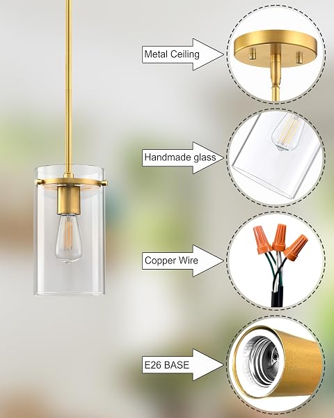 DORAIMI LIGHTING 3 PACK MODERN KITCHEN ISLAND ROD PENDANT LIGHT 5.5″ CLEAR GLASS SHADE PENDANT LAMP,GOLD FINISH FARMHOUSE HANGING LIGHT FIXTURE KITCHEN ISLAND DINING ROOM BEDSIDE