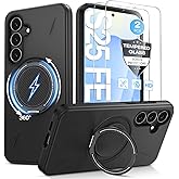 Goton for Samsung Galaxy S25 FE Case with 2 Pack Screen Protector, Black | Compatible with MagSafe &amp; 360&deg; Kickstand Ring, Dual-Layer PC &amp; TPU Shockproof Magnetic Phone Bumper Cover
