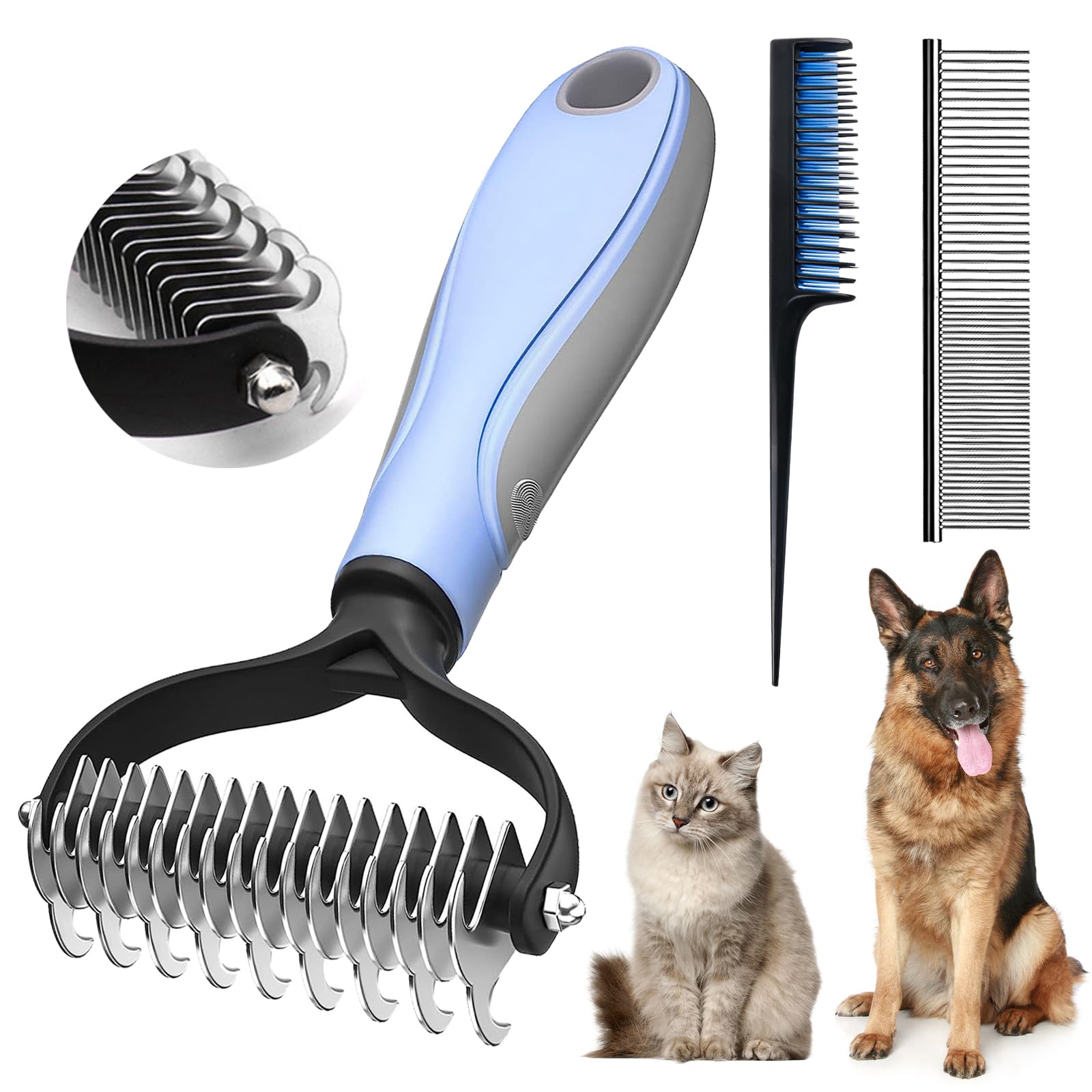 Txeouse Dog Brush Long Hair, Cat Deshedding Brush Animals Stainless Steel Double Sided Deshedding Tool for Long, Medium and Short Hair (Blue)