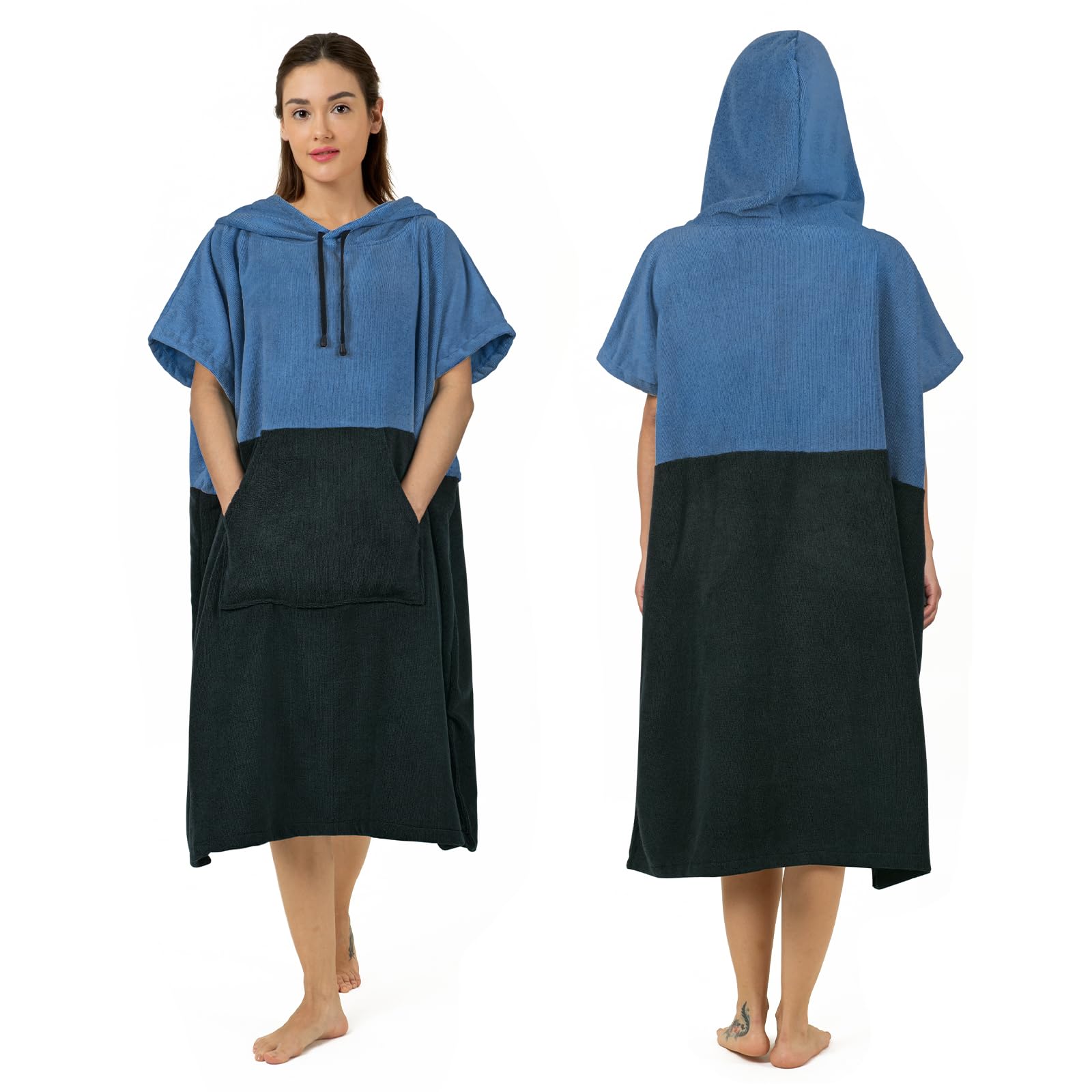 Photo 1 of Zingtto Surf Poncho Changing Robe Extra Large Thick Towel Poncho for Men Women with Hood Pocket for Beach Swimming, 41"x33", Black Blue
