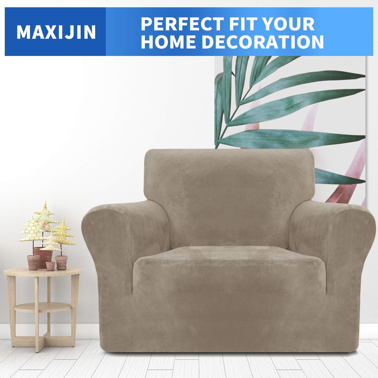 MAXIJIN Thick Velvet Chair Covers for Armchairs Super Stretch Non Slip Sofa Cover 1 Seater Dogs Cat Pet Living Room 1-Piece Elastic Couch Protector Chair Slipcover with Arms (1 Seater - Image 3