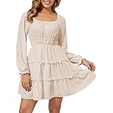 Amoretu Women’s Square Neck Long Sleeve Dress Tiered Ruffle A-Line Flowy Mini Dresses with Pockets
