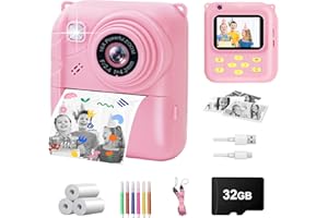 QDH Instant Print Camera for Kids, 1080P Video Camera with 3 Print Rolls, 32GB Card & Cute Cover, Gift for Girls Boys Age 3-12, Toddler Digital Camera with Games, Filters, Music – Pink
