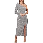 VERWIN Women's Sequins Dress One Shoulder Bodycon Oblique Collar Maxi Dress Sparkly Spilt Wrap Cocktail Dress