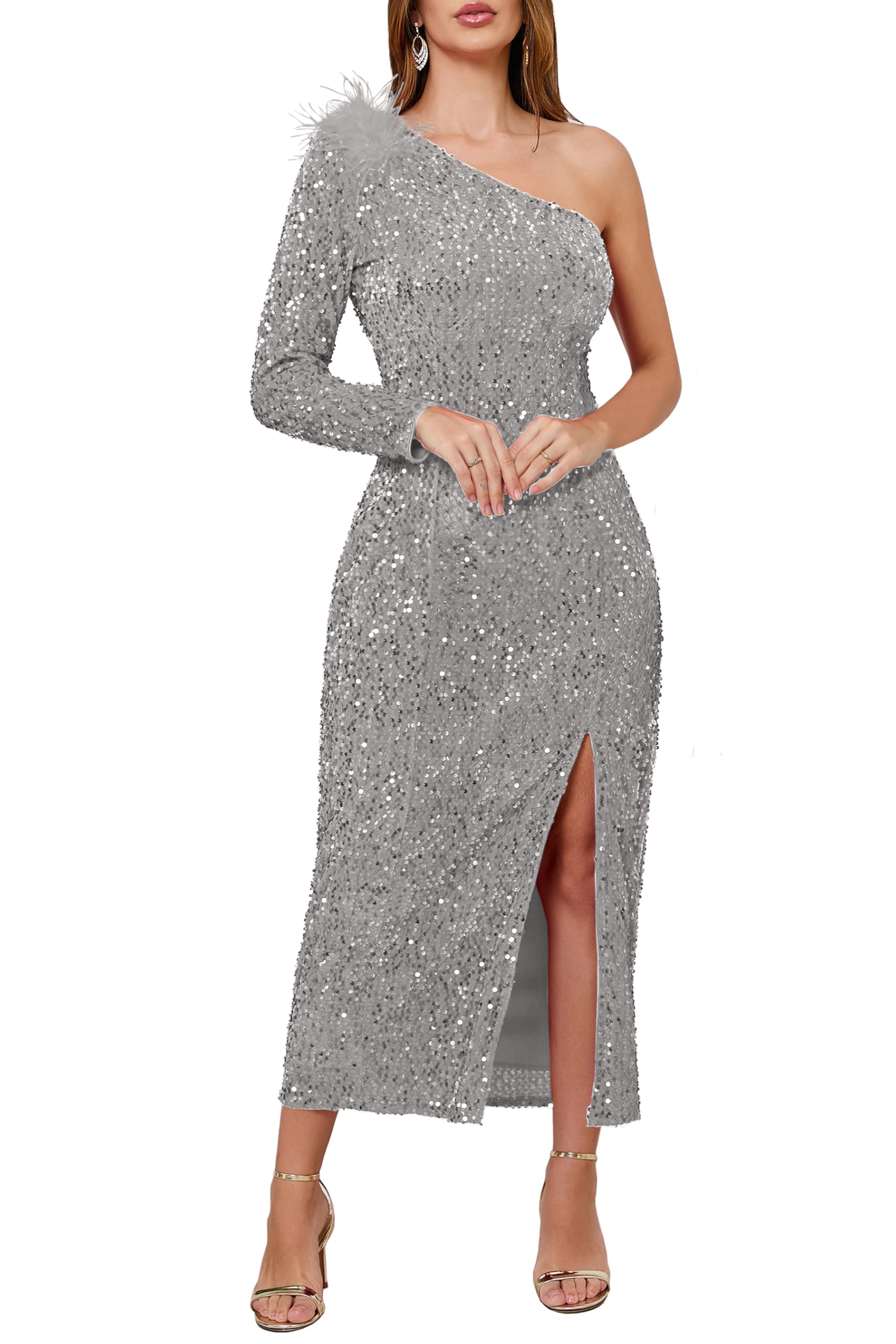 VERWIN Patchwork Sequins Bodycon Dress One Shoulder Sleeveless Dress Split Evening Glitter Cocktail Maxi Dress Black M