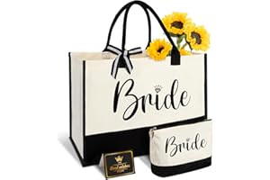 Bride Gifts Canvas Tote Bag with Makeup Bag, Wedding Gifts for Bridal Shower Bachelorette Party Engagement Honeymoon, Miss to