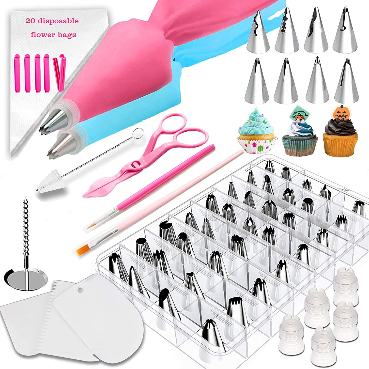 84Pcs Cake Decorating Tools Kits,44 Icing Piping Tips & 2 Piping Bags,Side Scrapers,Flower Nails, Reusable Coupler,Cleaning Brush,Flower Lifter Scissors,Bags Clips,Disposable Pastry Bags for Baking