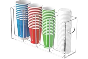 WINFFOR Disposable Cup Organizer Dispenser - 4 Compartments Clear Acrylic Cup and Lid Holder with Handles Plastic Cup Dispenser Countertop Paper Cup Holder for Coffee Bar House Party Essentials