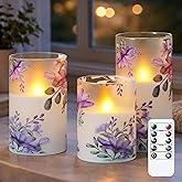 Wroxipel Pack of 3 Flameless Daily Timer Flickering Real Wax Pillar Candles, 3" x 4" 5" 6" LED Battery Operated Purple Flower