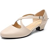 Women's Low Chunky Heel Pumps Cross Strap Closed Toe Dress Shoes