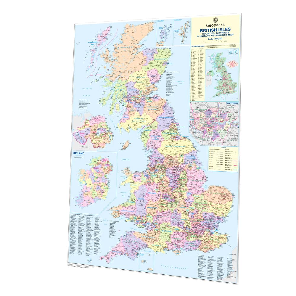 UK Wall Map - Large Travel Map to show Detailed Counties, Districts Postcode Areas & Population Figures, Laminated UK Map Poster, Wipe-Clean Surface, Perfect Traveler Gift 830 x 1200 mm