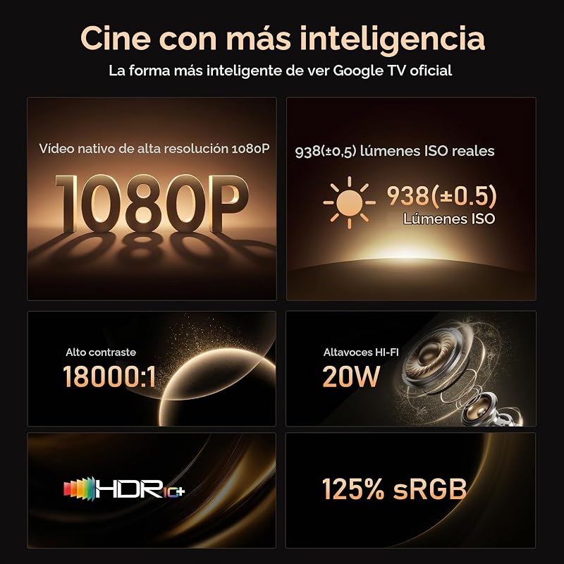 Google TV Proyector Portatil con Netflix, 938 ISO, Soporte 4K, Dolby 20W — foto 4 de 8