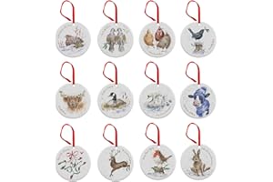 Portmeirion Home & Gifts WN4023-XG Wrendale 12 Days of Christmas Decorations, Bone China, Multi Coloured, 0.5 x 7 x 7 cm