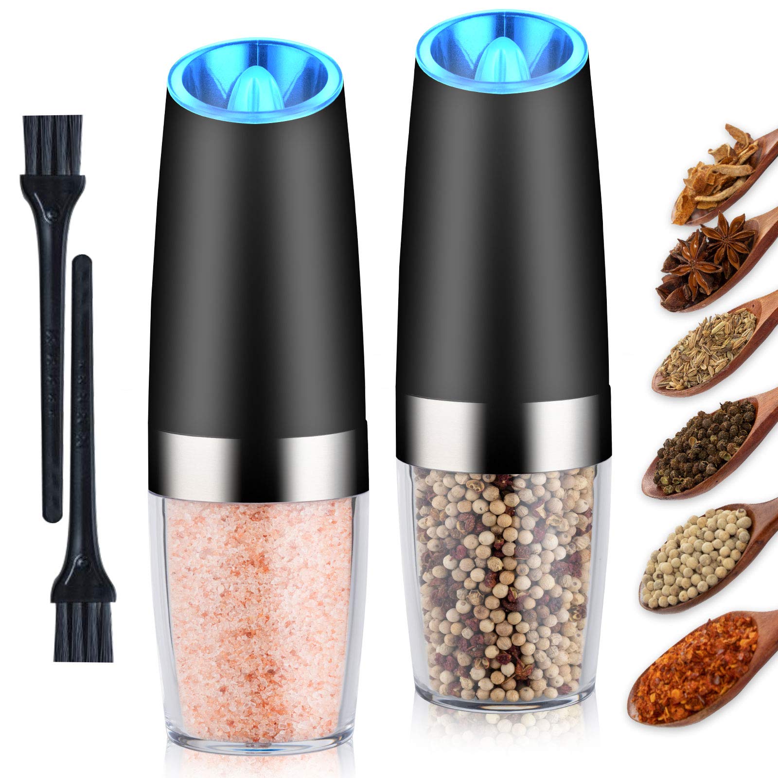 Gravity Electric Salt and Pepper Grinder set, Adjustable Coarseness, Battery Powered, Automatic Operation Pepper and Salt Mill, with One Hand Operation, Grinding Pepper with Blue LED Light, (2pack)