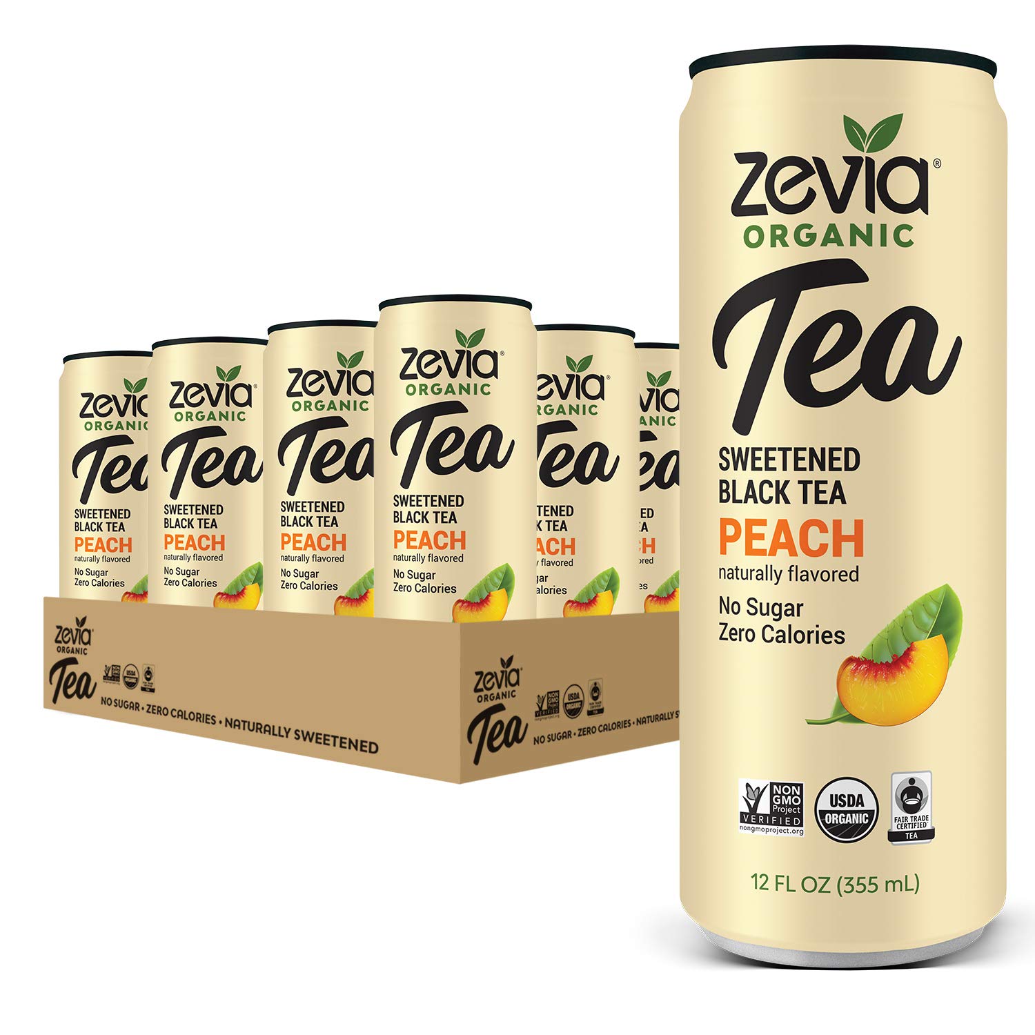 Zevia Organic Black Tea Peach, 12 Count, Sugar-Free Brewed Iced Tea Beverage, Naturally Sweetened with Stevia, Zero Calories, No Artificial Sweeteners