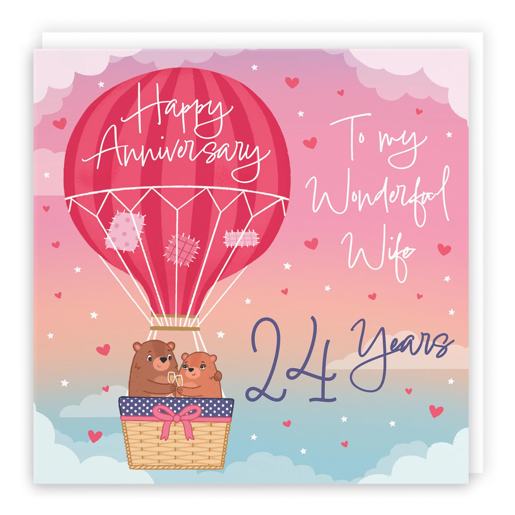Hunts England - 24th Wife Hot Air Balloon Anniversary Card - Cute Bears Collection - Luxury 24th Anniversary Card For Wife - Romantic Wife 24th Anniversary Card - Champagne And Love Hearts — image 1
