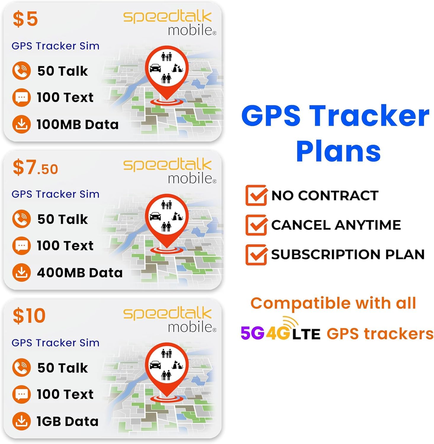 SpeedTalk Mobile GPS Tracker SIM Card Starter Kit | 3 in 1 Universal Simcard: Standard, Micro, Nano for Kids Senior Pet Car Fitness Activity 5G 4G LTE Tracking Devices | No Contract