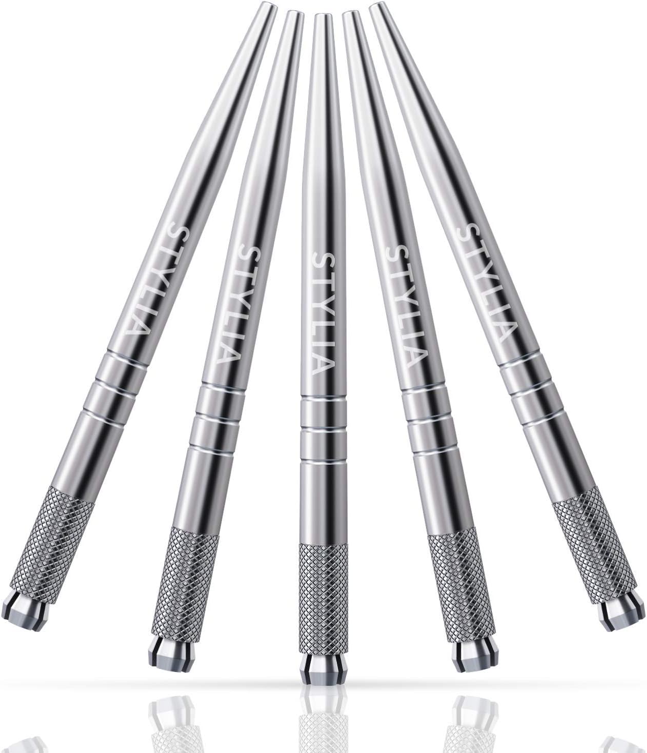 Microblading Supplies 5 Piece Disposable Pens Kit, Lightweight Aluminum Handles For Permanent Makeup Eyebrow Tattoo, Professional Microblade Tool For Fuller Lush Brows with Lock-Pin