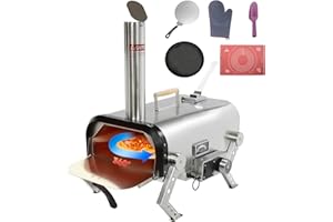 SKYCORPS Stainless Steel Outdoor Pizza Oven, Wood Fired Pizza Stove with 12 inch Automatic Rotating Pizza Stone, Portable BBQ Grill for Backyard Parties, Camping, and Picnics (Silver)