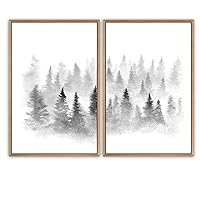 SIGNWIN Framed Canvas Print Wall Art Foggy Black and White Pine Forest Nature Trees Watercolor Minimalism Contemporary Relax/Calm for Living Room, Bedroom, Office - 16