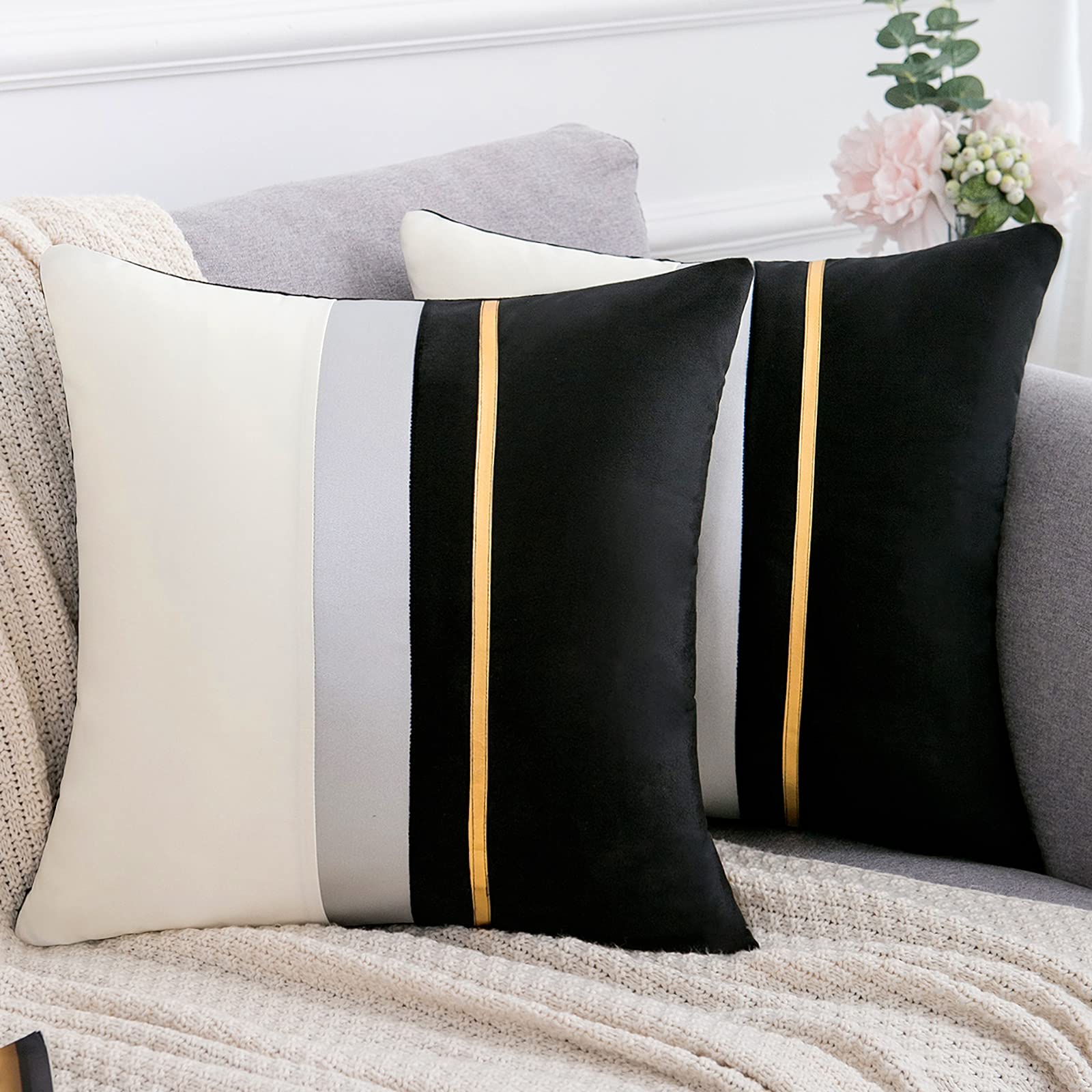 Serento Black Velvet Cushion Covers 50x50cm, Set of 2, Soft Decorative Square Pillowcases, Trendy Home Decor Accent Cushion Cases for Living Room Couch, Bedroom, Sofa Bed, 20x20