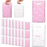 LXUEJIE 100Pcs Pink Bow Goodie Bags, Cute Bow Gift Pouches, Plastic Goodie Treat Candy Bag Girls Birthday Gifts Wrapping Bag for Wedding Baby Shower Engagement Party Supplies