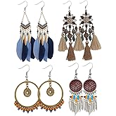ELABEST Boho Vintage Dangle Earrings for Women 4 Pairs Bohemian Hippie Feather Tassels Dangle Drop Earrings Jewelry