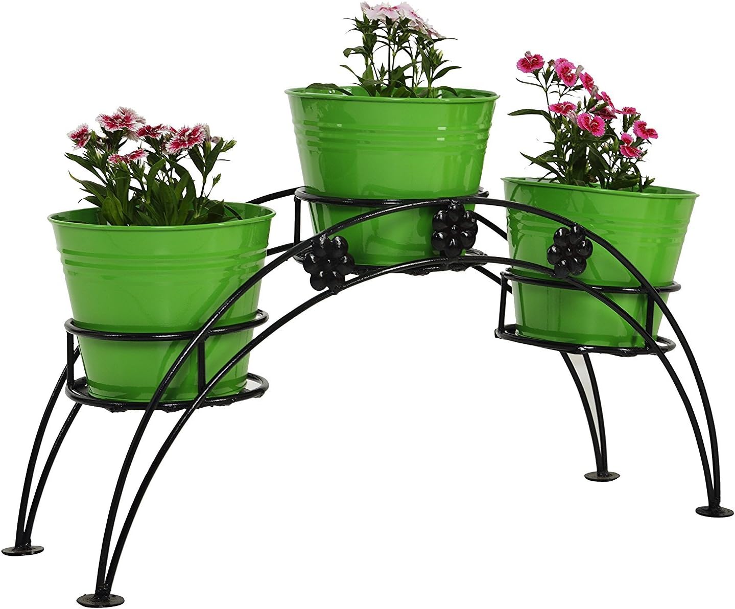 Green Gardenia Iron 3 Tier Pot Stand with Metal Planter (Green)