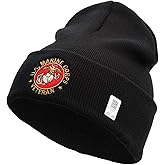 US Marines Corps Veteran Emblem Logo Embroidered 12 Inch Solid Knit Cuff Long Beanie Made in USA