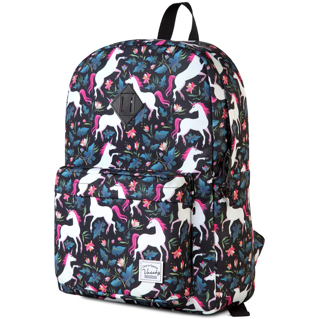 VASCHY Girls Backpack, Kids School Bakpack Lightweight Water Resistant Rucksack School Bookbag Casual Daypack with 2 Bottle Pockets for port, Travel, Outdoor (Unicorn)