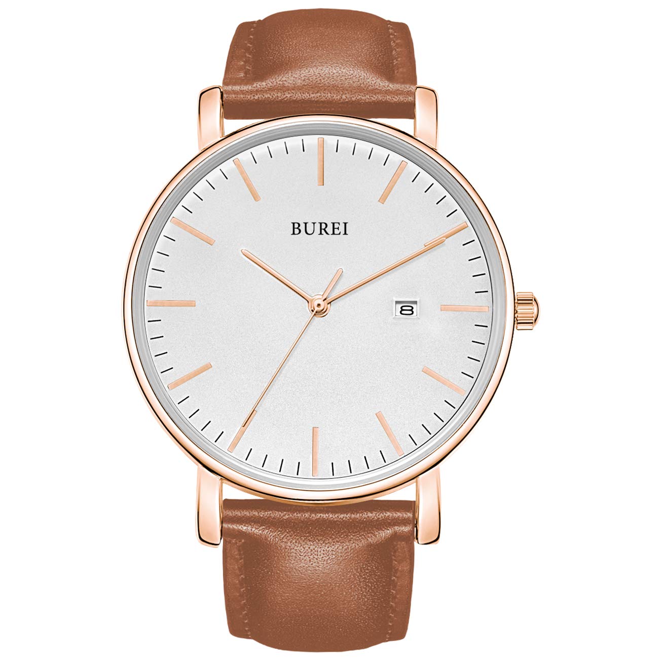 BUREI Men's Watches, Classic Analogue Dial with Date Japanese Quartz and Ultra-Thin Stainless Steel Mesh Band (Rose Gold Brown, Leather)