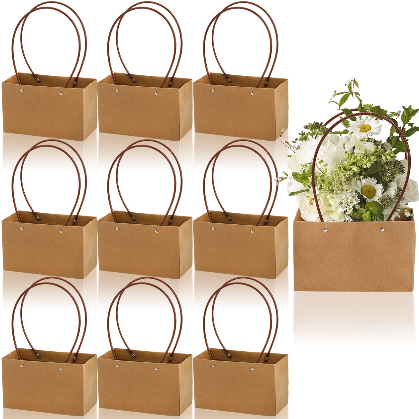 DEAYOU 10 Pack Kraft Paper Flower Gift Bags, Brown Bouquet Bag Box with Handle, Small Brown Paper Carrier Tote Bags with Waterproof Lining for Floral Arrangements, Party Favor, Ultra Thick,22×10×5.3cm