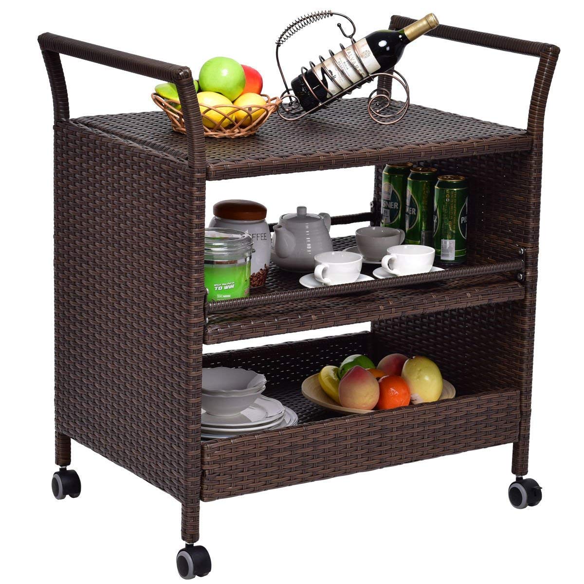 Giantex Rolling Wicker Cart Rattan Bar Cart Outdoor Serving Cart