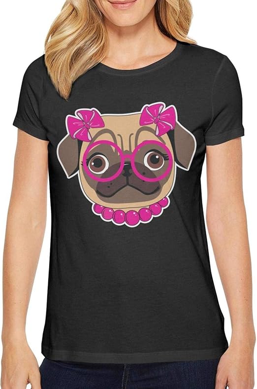 Women's Pug Dog with Pink Bow Black Novelty Casual Online Fitness t