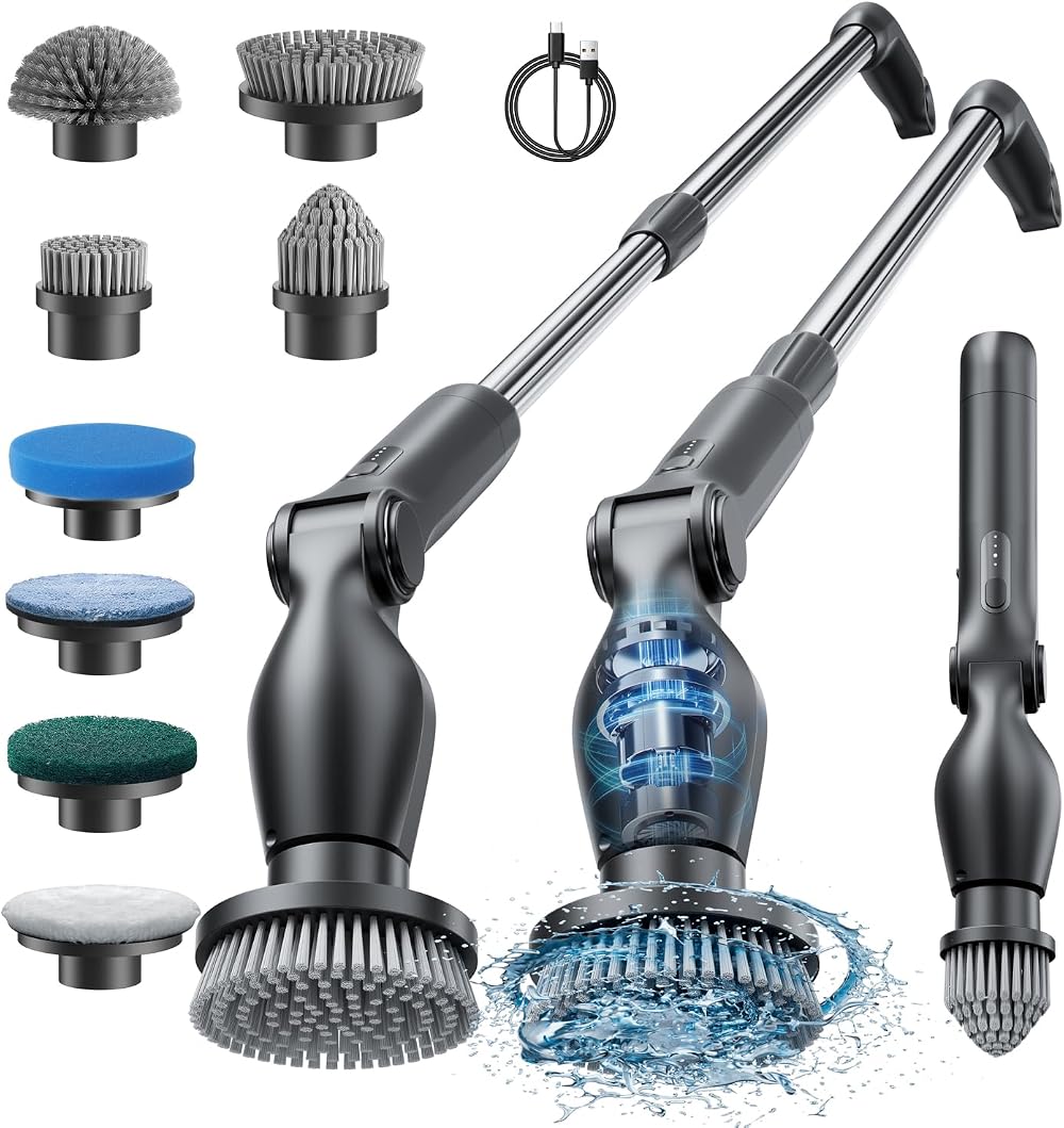 Leebein Electric Spin Scrubber Cordless Long Handle 8 Brush Heads 2 Speeds